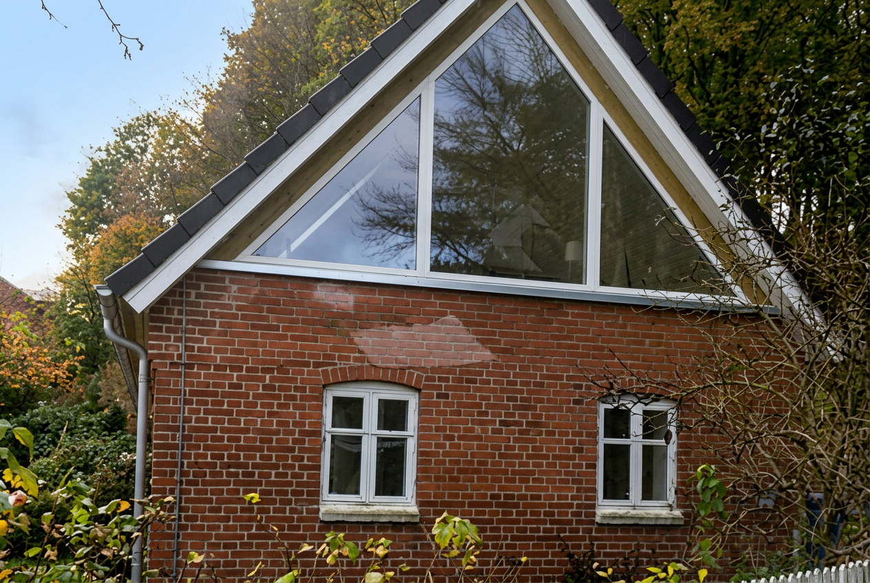 Gavl med store glaspartier i moderne hus