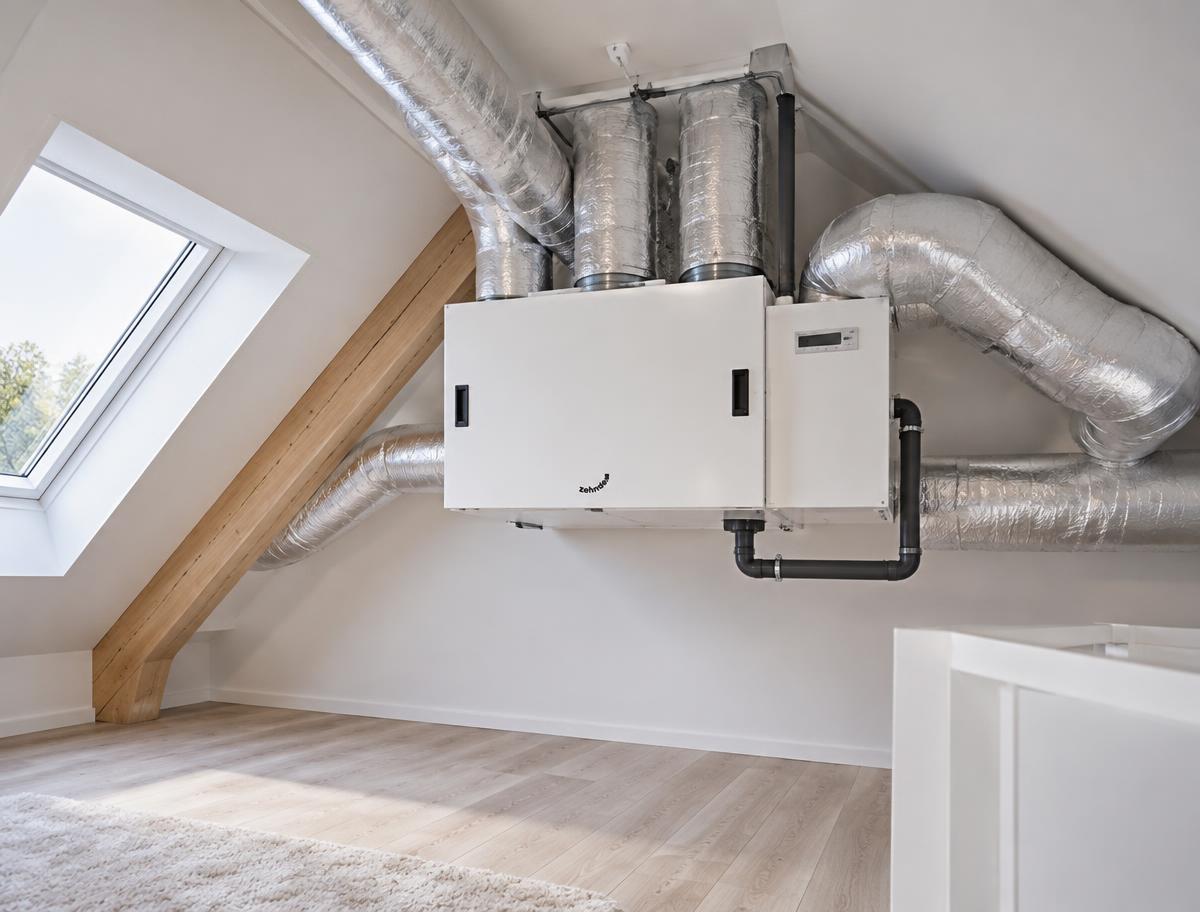 Ventilationsanlæg monteret på loft